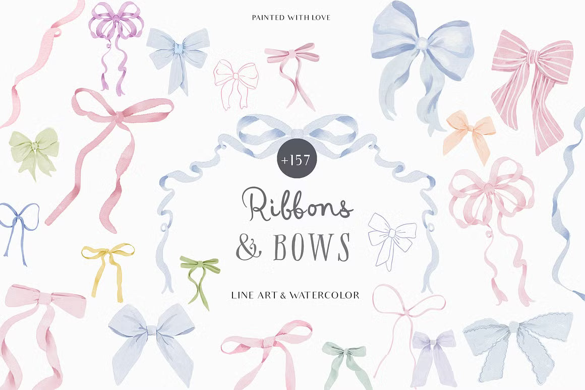 Watercolor Line art Bows Ribbons Set