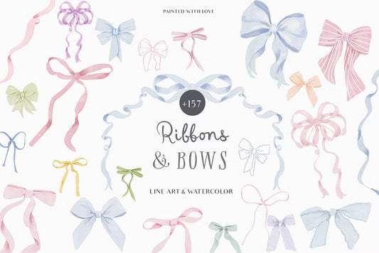 Watercolor Line art Bows Ribbons Set