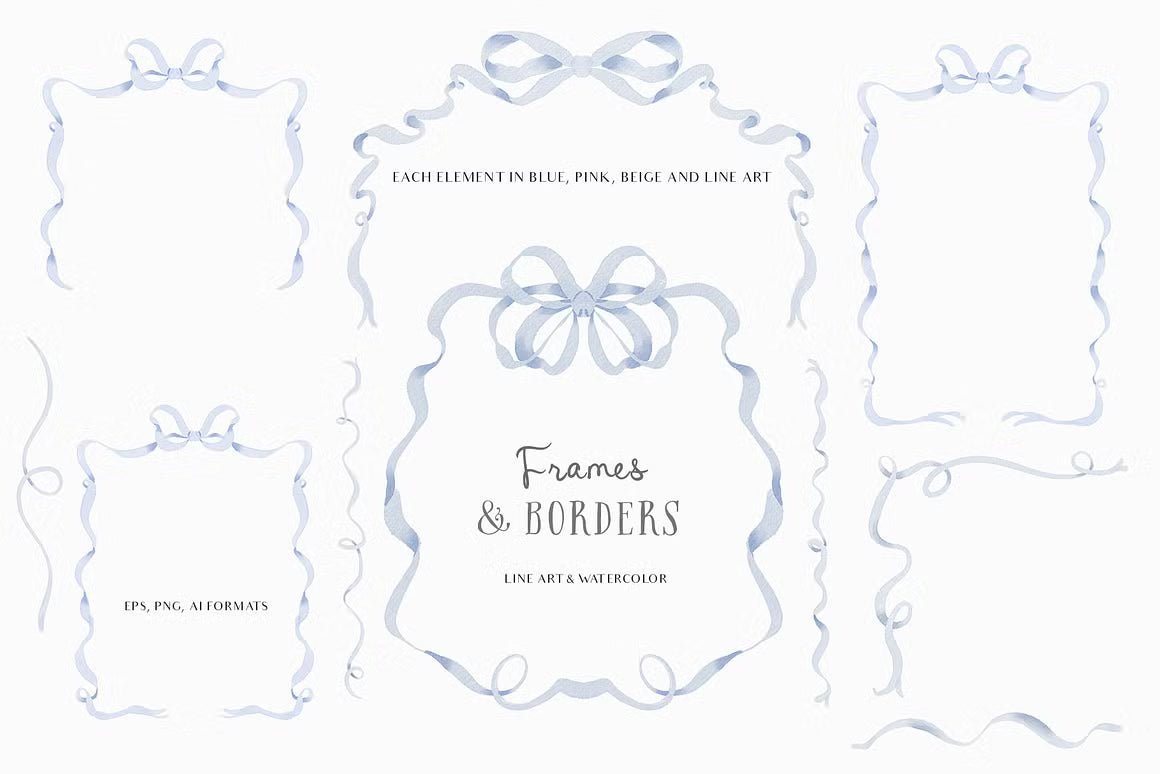 Watercolor Line art Bows Ribbons Set