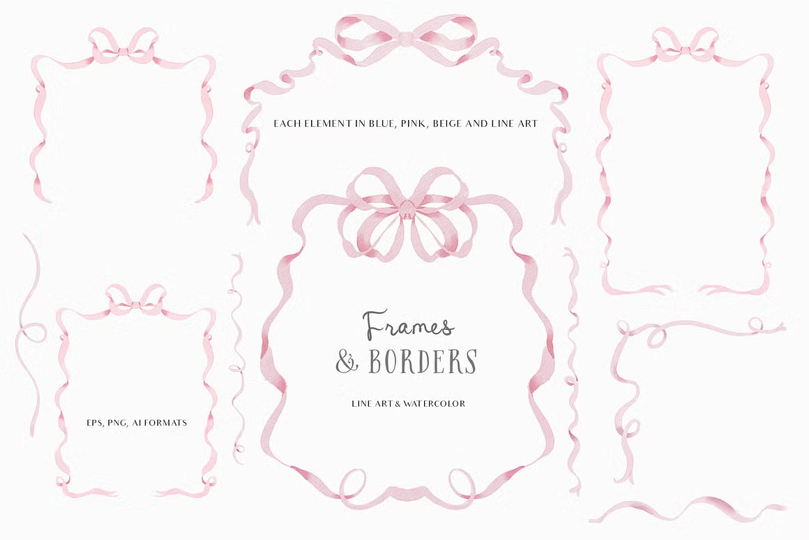 Watercolor Line art Bows Ribbons Set