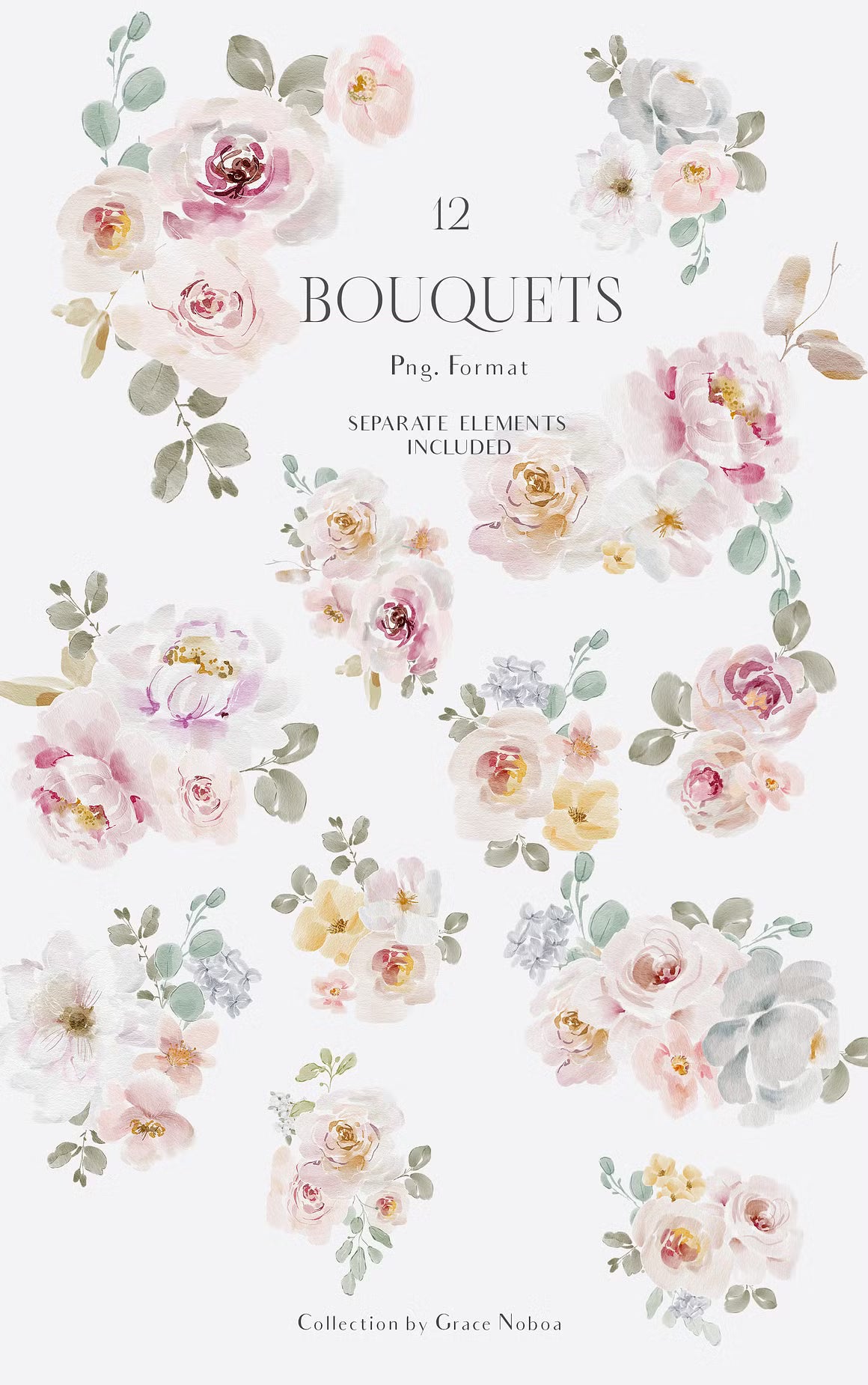 Watercolor Spring Roses Flowers Collection