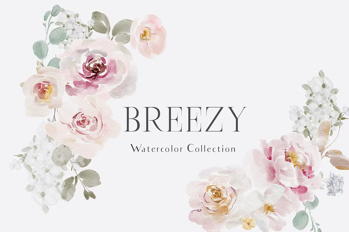 Watercolor Spring Roses Flowers Collection