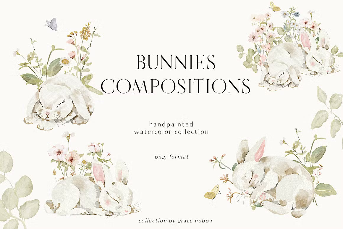 Watercolor Bunny & Wildflowers set