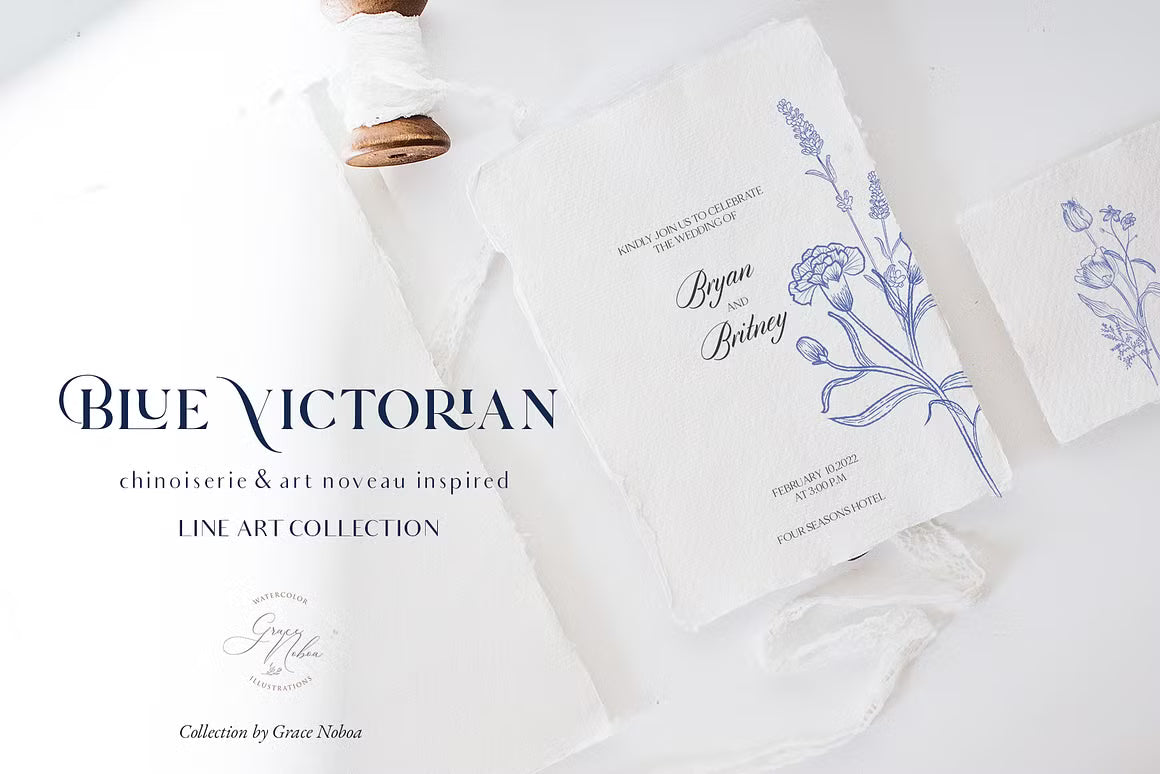 Blue Victorian & Chinoiserie line art set