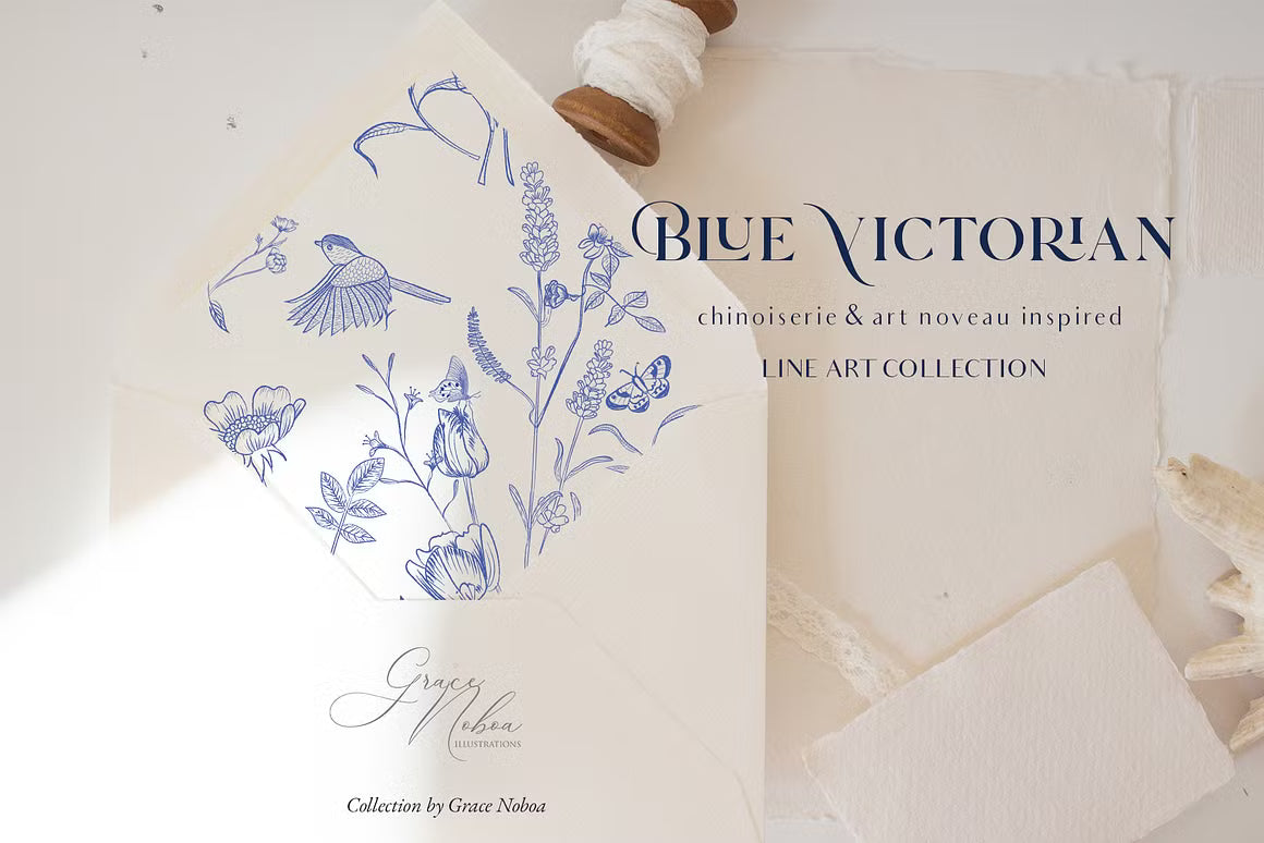 Blue Victorian & Chinoiserie line art set