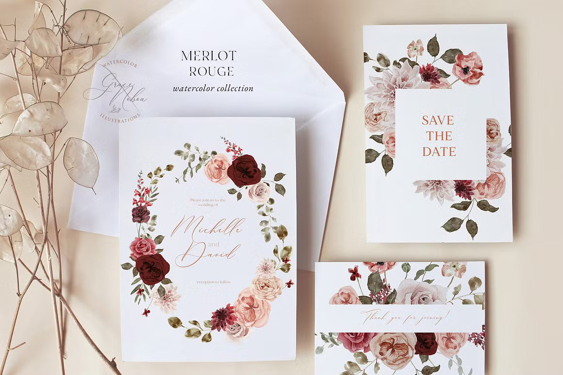 Burgundy and pink fall peach floral clipart set clipart