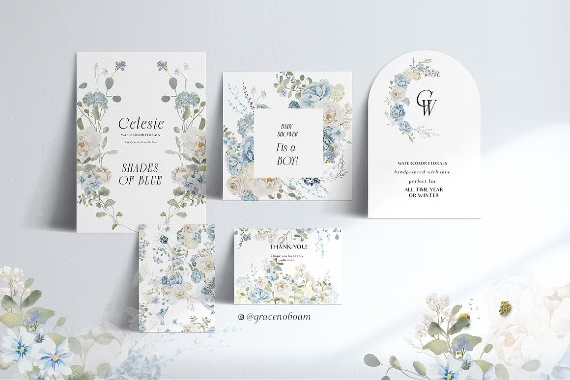 Watercolor Blue White flowers peonies and roses cliparts