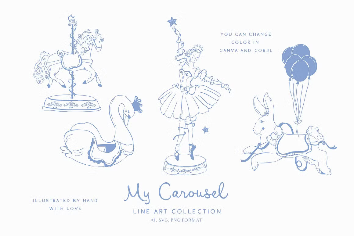My carousel unicorn ballerina circus funhouse vintage Blue Line art