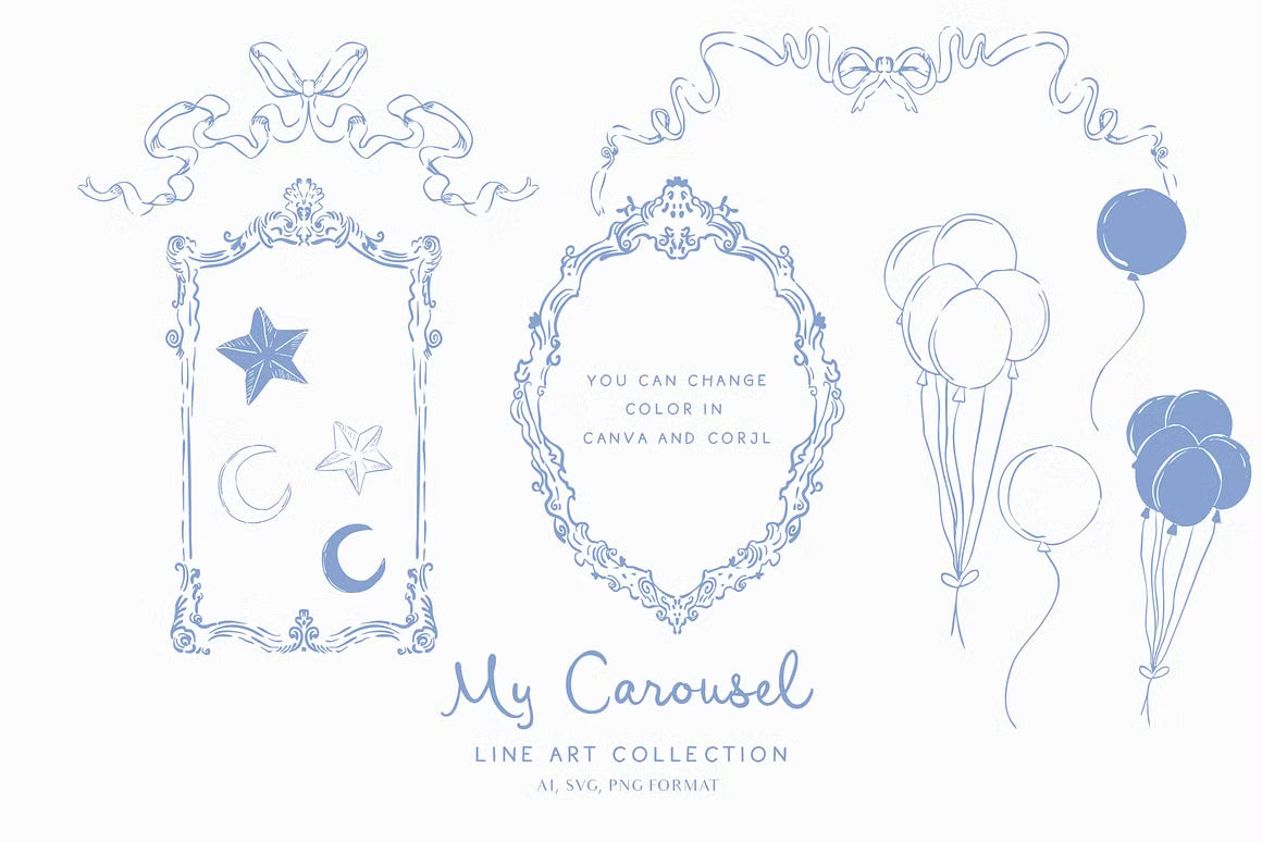 My carousel unicorn ballerina circus funhouse vintage Blue Line art