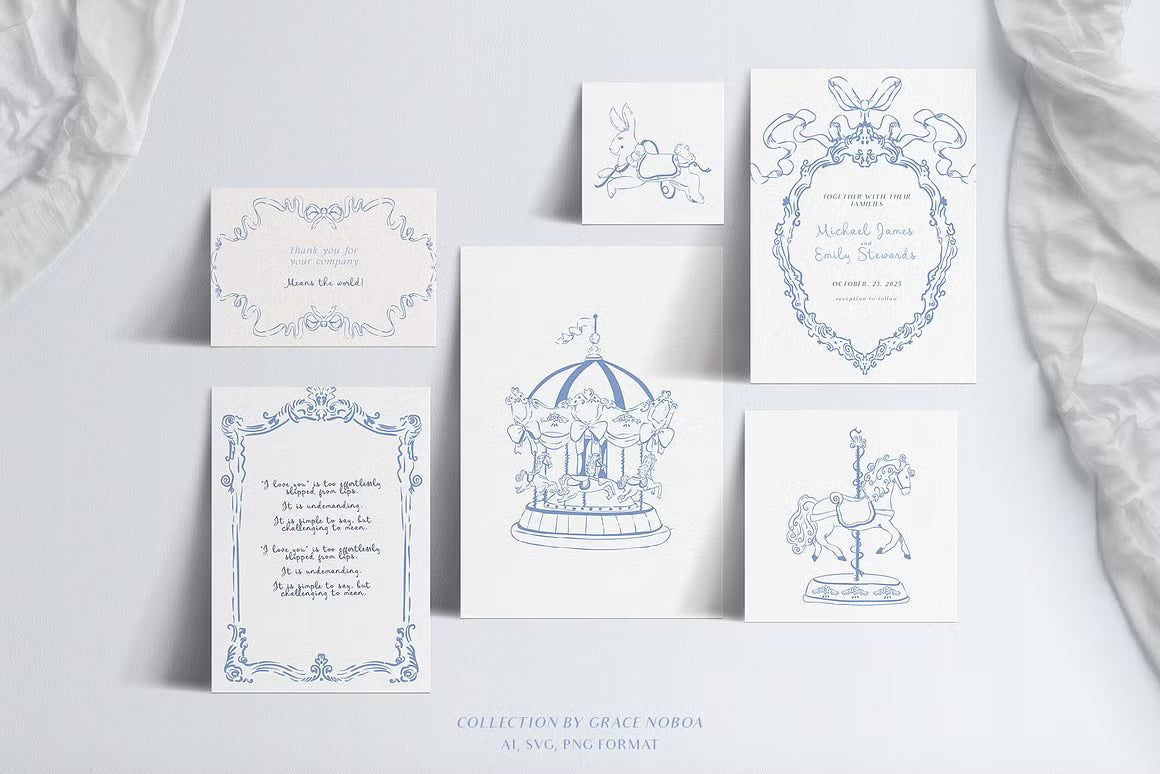 My carousel unicorn ballerina circus funhouse vintage Blue Line art