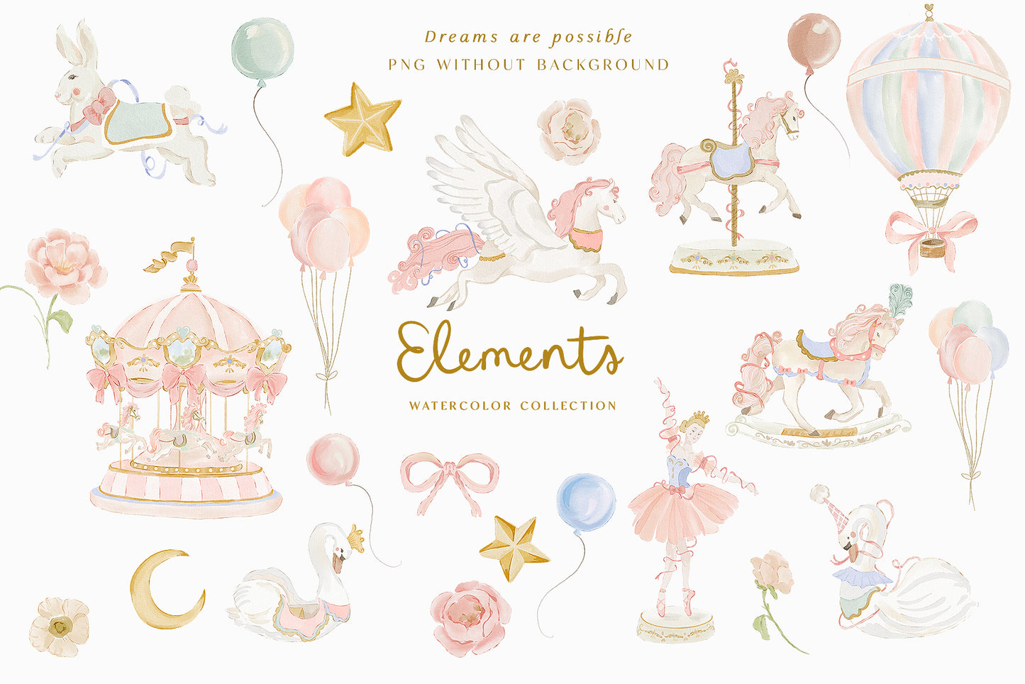 Watercolor Carousel unicorn ballerina pink circus swan clipart