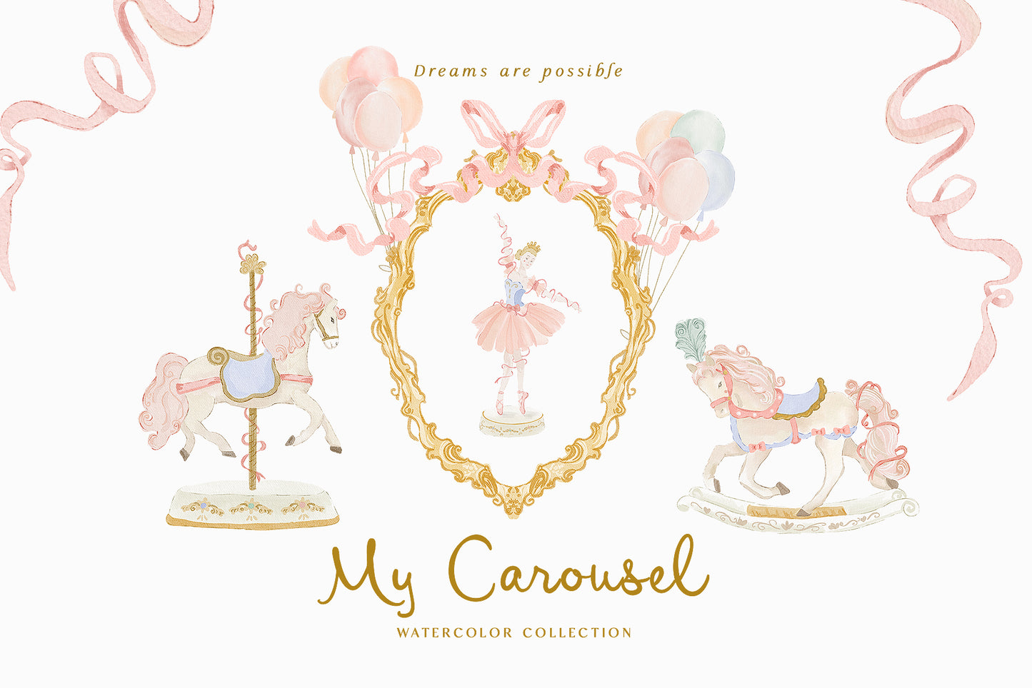 Watercolor Carousel unicorn ballerina pink circus swan clipart