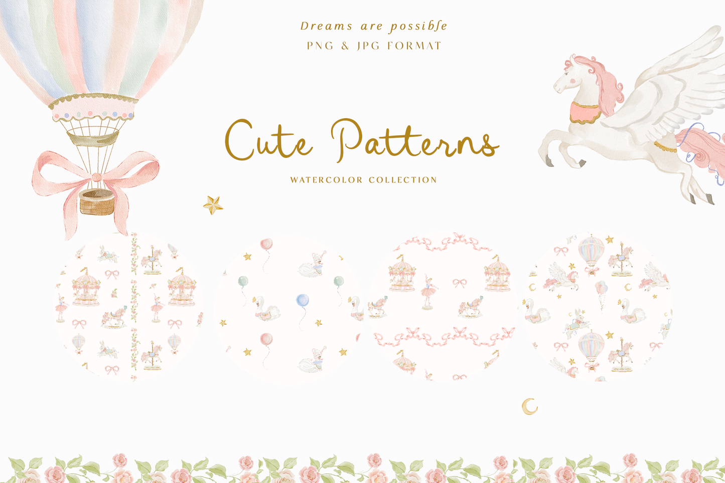 Watercolor Carousel unicorn ballerina pink circus swan clipart