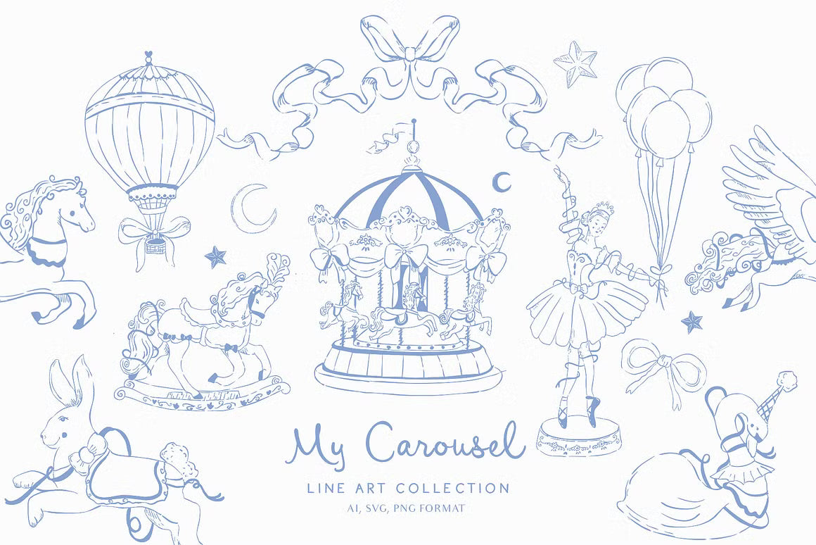 My carousel unicorn ballerina circus funhouse vintage Blue Line art