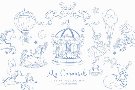 My carousel unicorn ballerina circus funhouse vintage Blue Line art