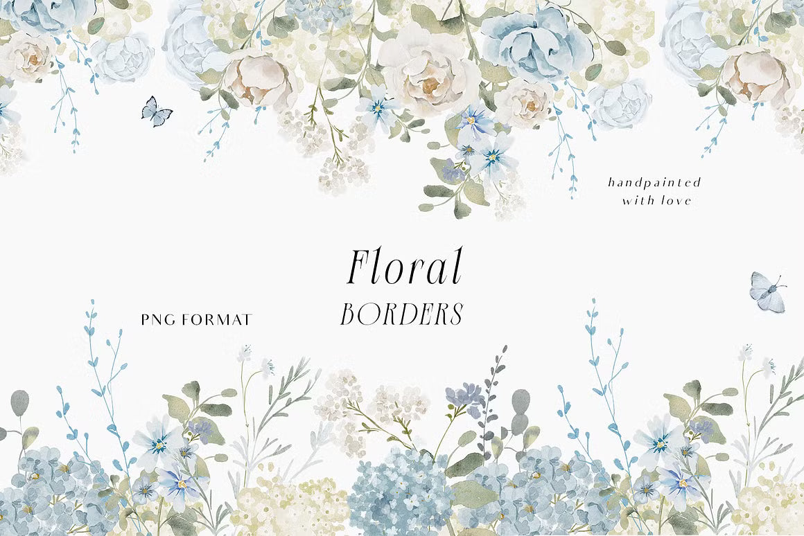Watercolor Blue White flowers peonies and roses cliparts