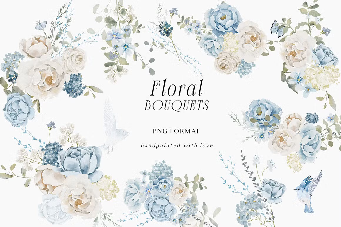 Watercolor Blue White flowers peonies and roses cliparts