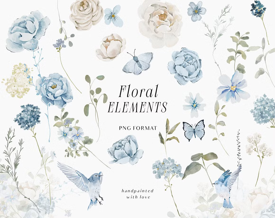 Watercolor Blue White flowers peonies and roses cliparts