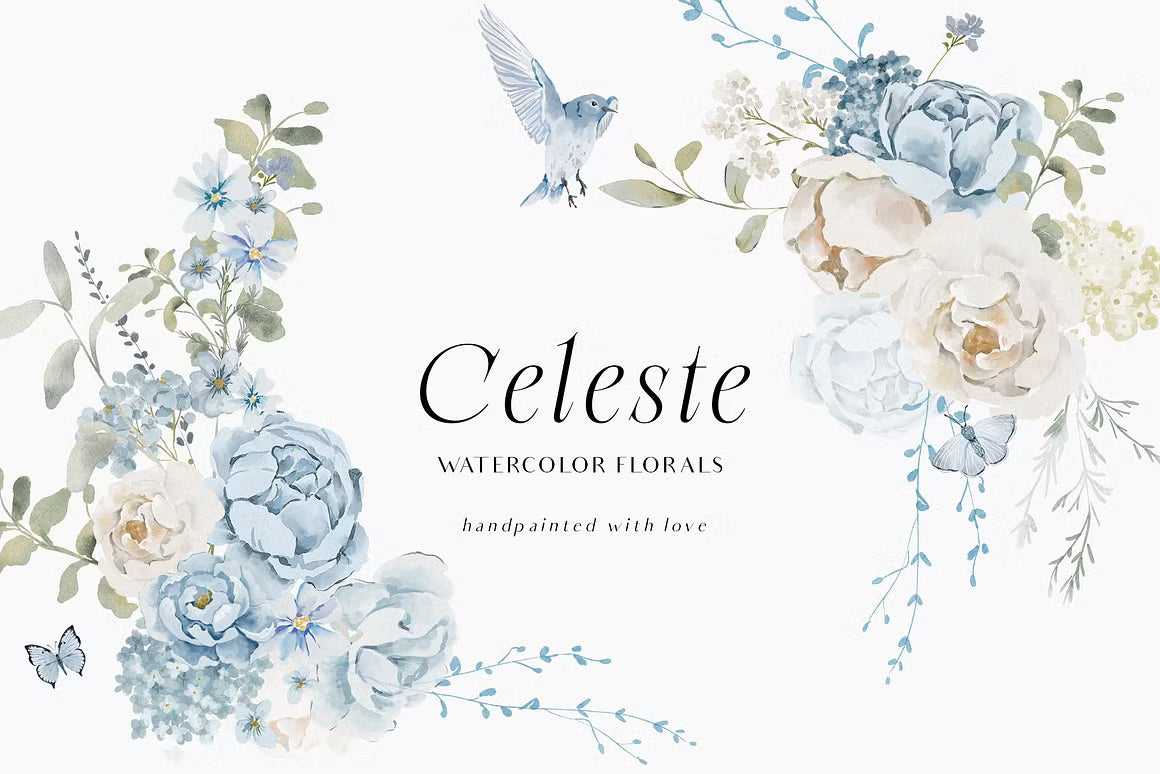 Watercolor Blue White flowers peonies and roses cliparts