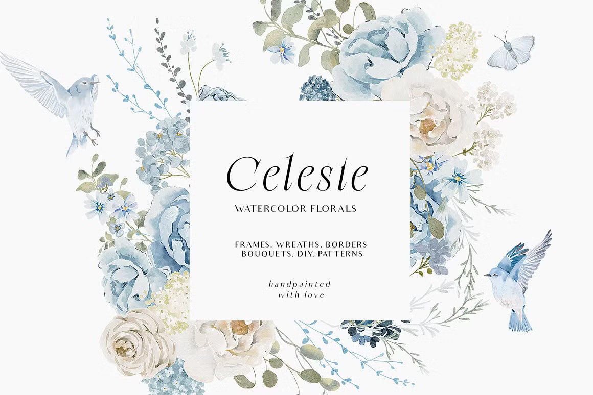 Watercolor Blue White flowers peonies and roses cliparts