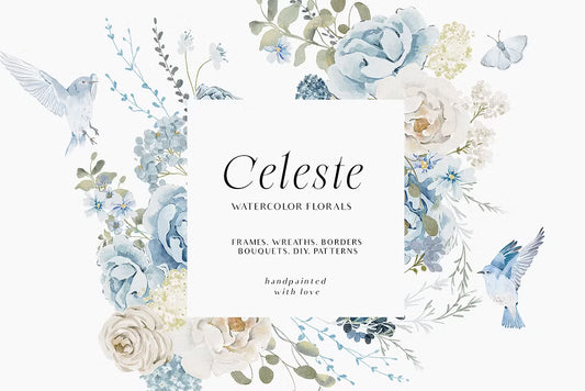 Watercolor Blue White flowers peonies and roses cliparts