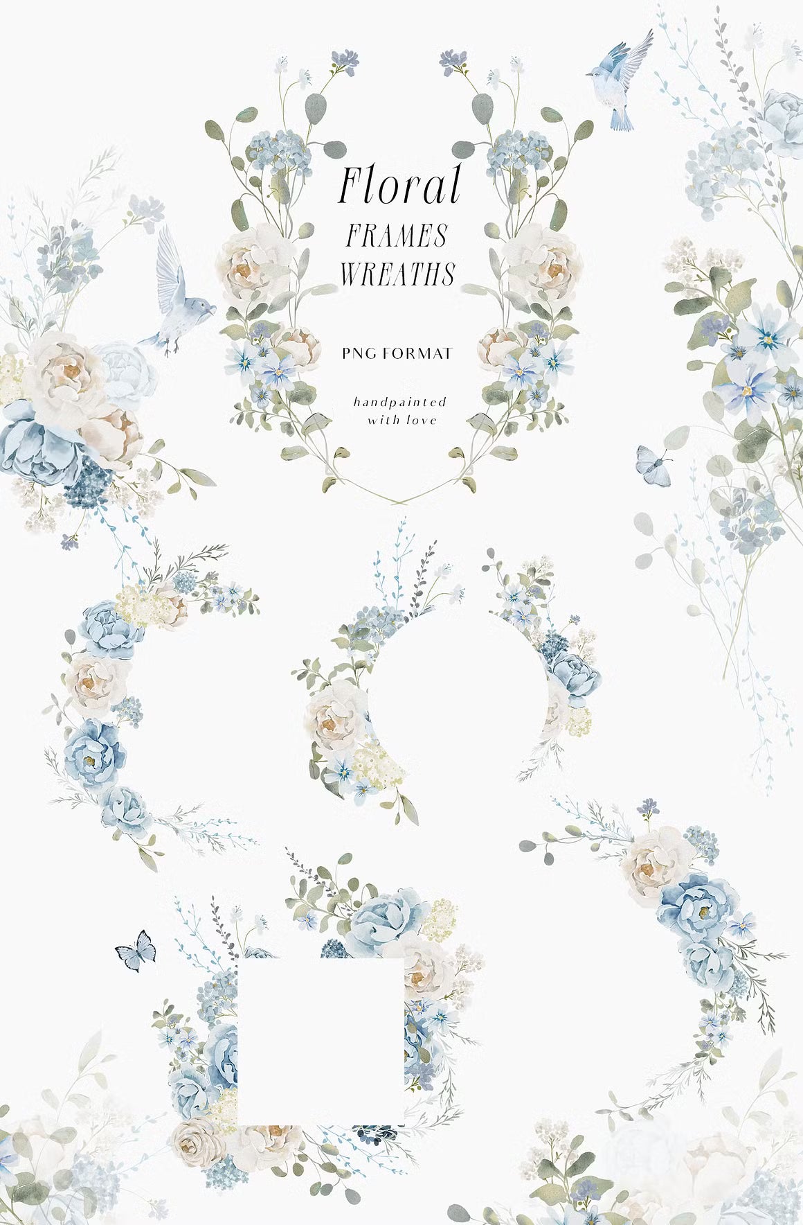 Watercolor Blue White flowers peonies and roses cliparts