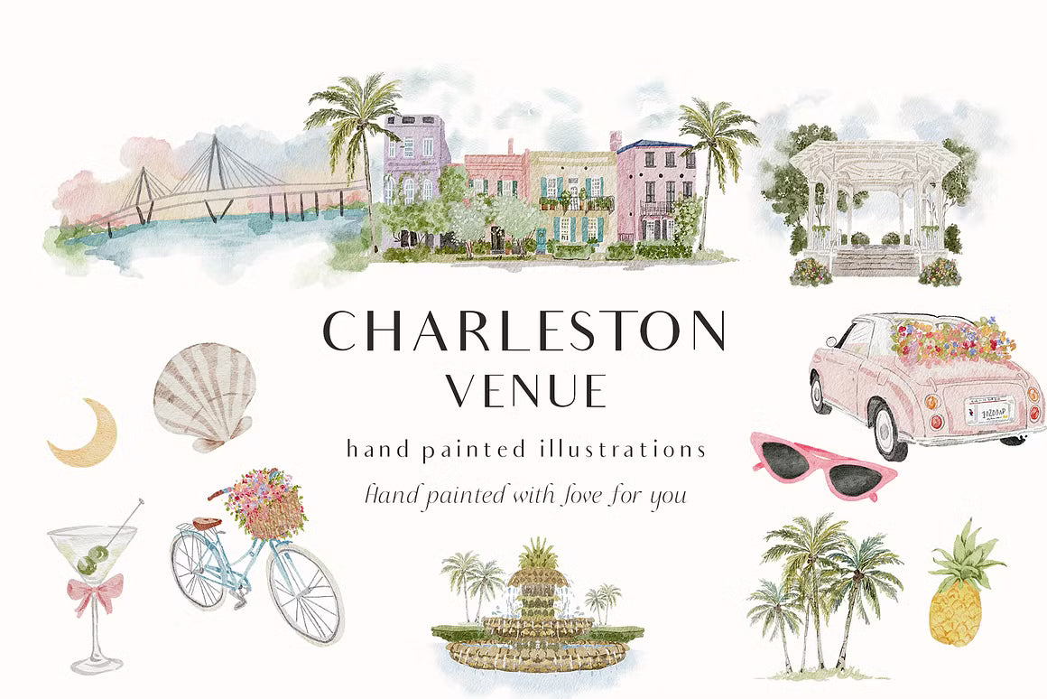 Watercolor Charleston clipart illustrations for wedding invites barchelotte wedding venue