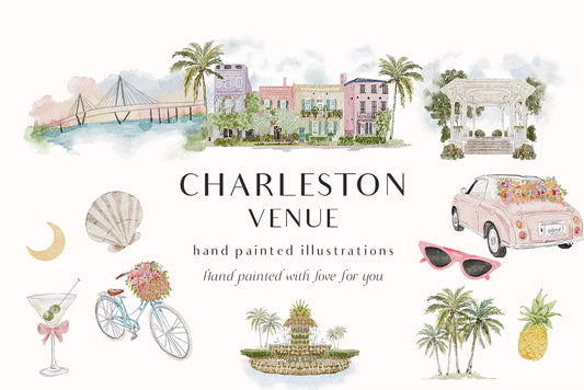 Watercolor Charleston clipart illustrations for wedding invites barchelotte wedding venue