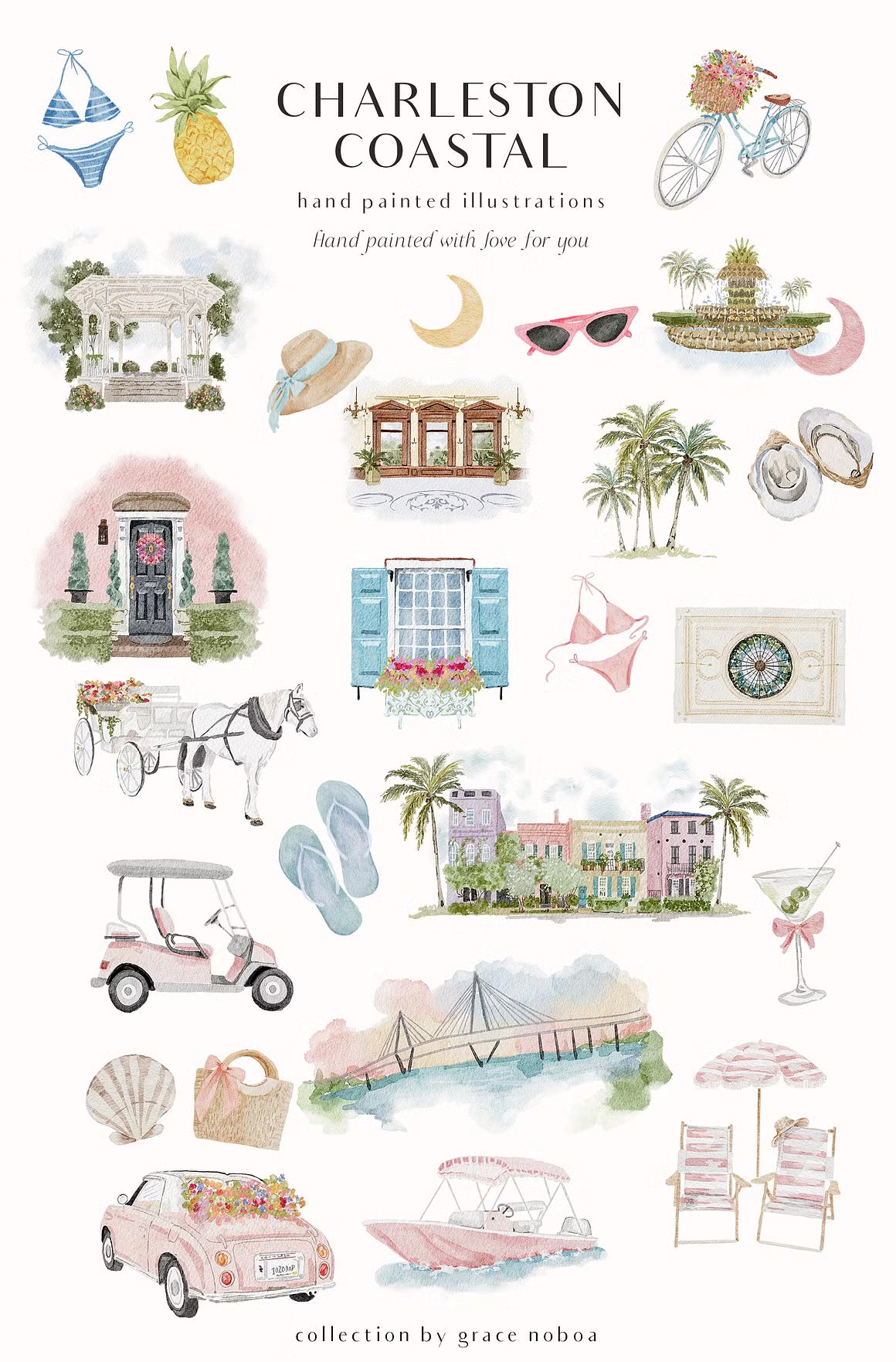 Watercolor Charleston clipart illustrations for wedding invites barchelotte wedding venue