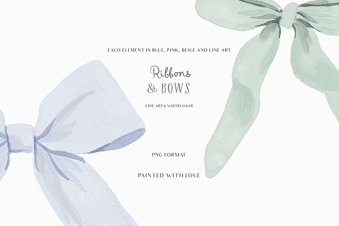 Watercolor Line art Bows Ribbons Set