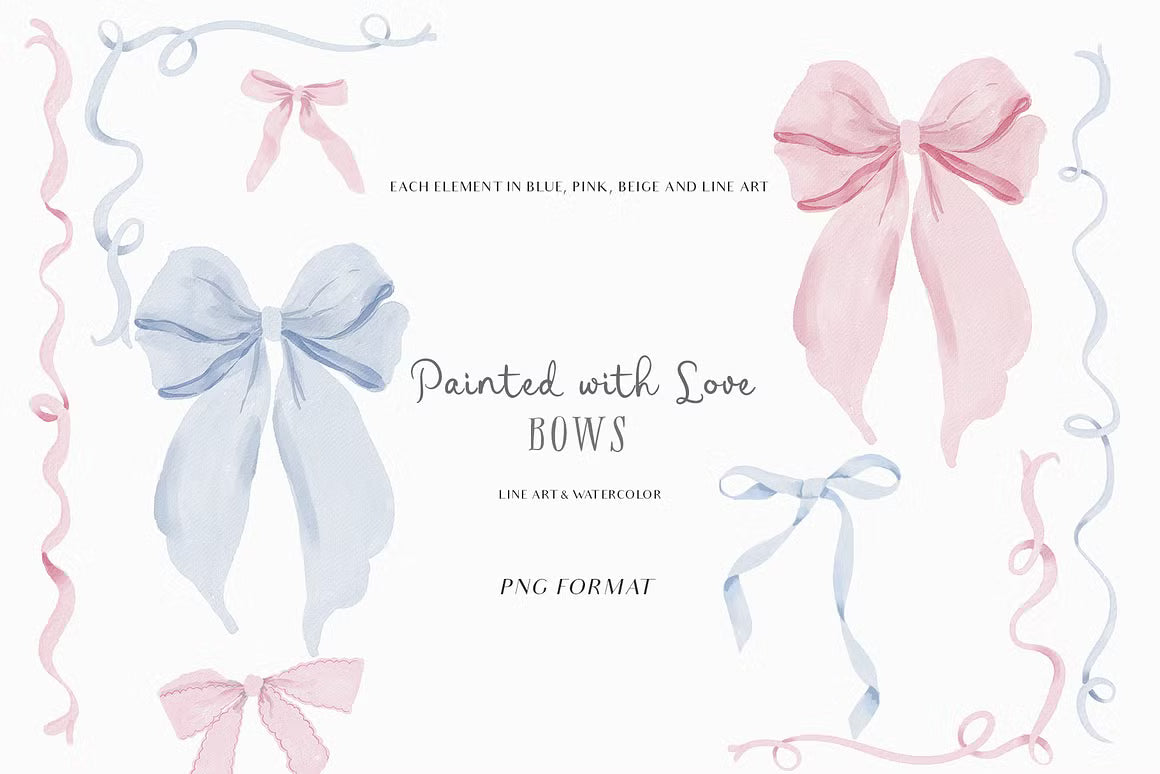 Watercolor Line art Bows Ribbons Set