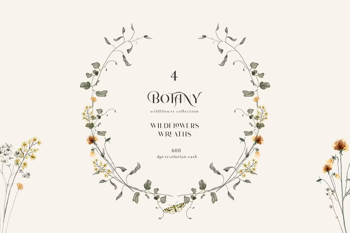 Botanical Wildflower tiny flowers set neutral muted tones clipart