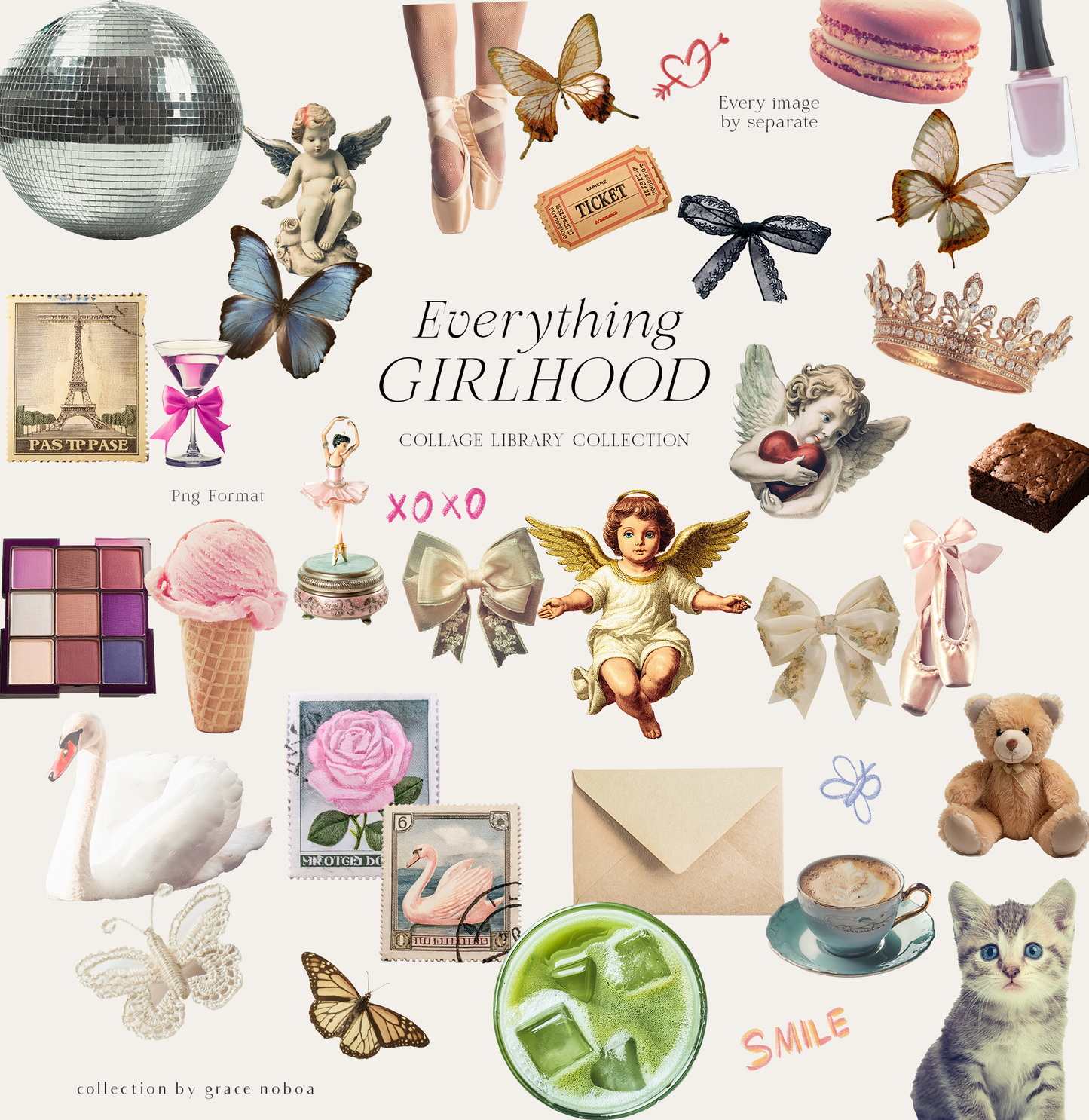 Girlhood collage scrapbook png lace bows