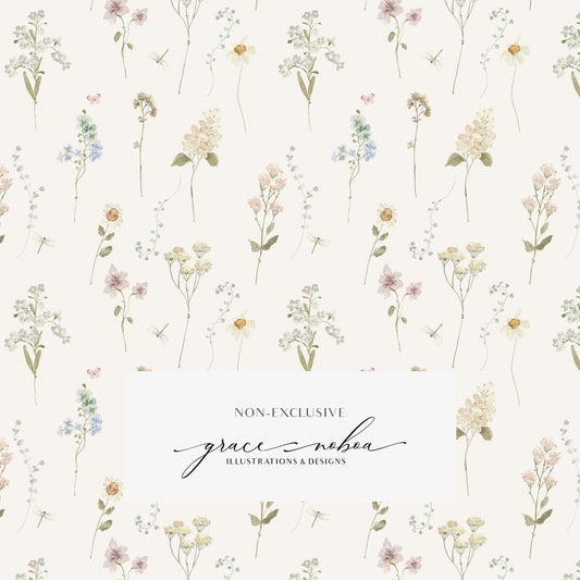 Watercolor Cottage core wildflowers delicate floral pattern for textile, wallpapers, backgrounds