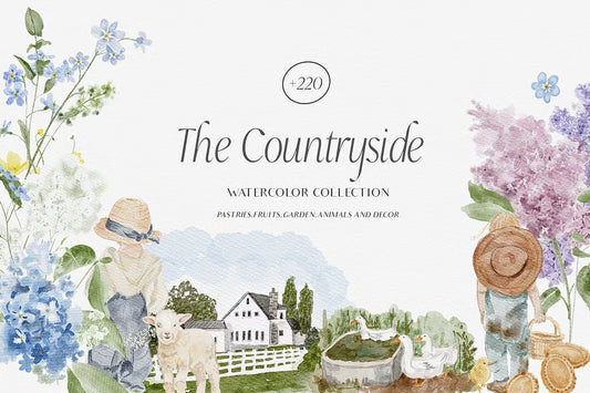 English countryside Farm animals cottagecore Watercolor cliparts