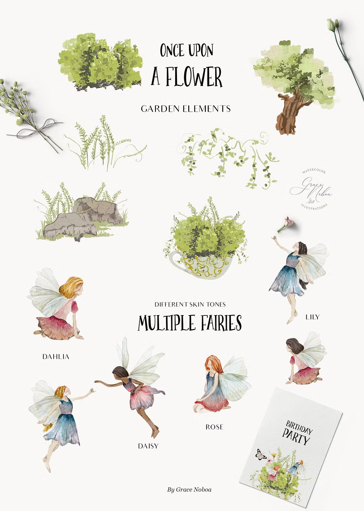 Meadow fairy watercolor dried wildflowers clipart