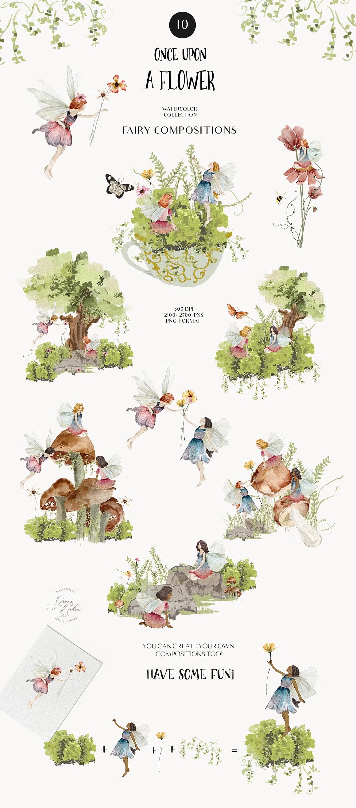 Meadow fairy watercolor dried wildflowers clipart