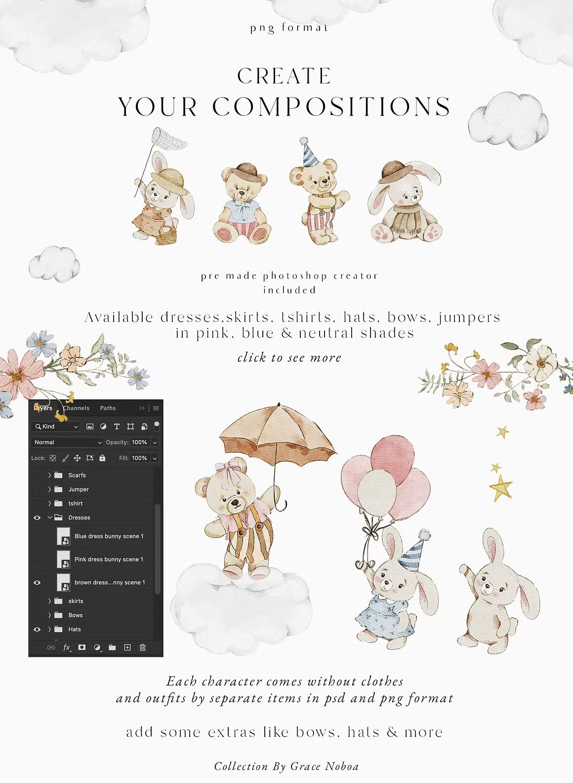 Teddy Bear & Bunny Watercolor spring illustrations