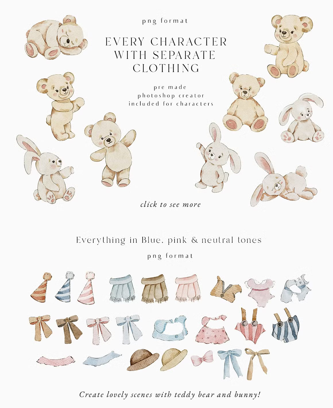 Teddy Bear & Bunny Watercolor spring illustrations
