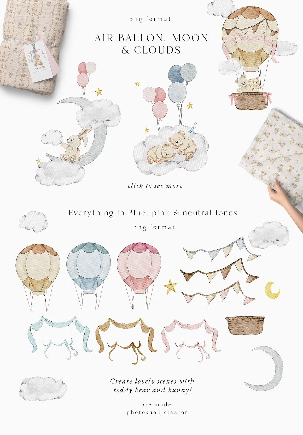 Teddy Bear & Bunny Watercolor spring illustrations