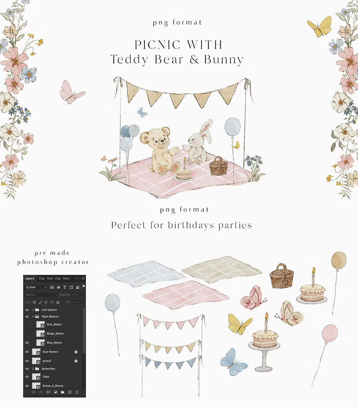 Teddy Bear & Bunny Watercolor spring illustrations