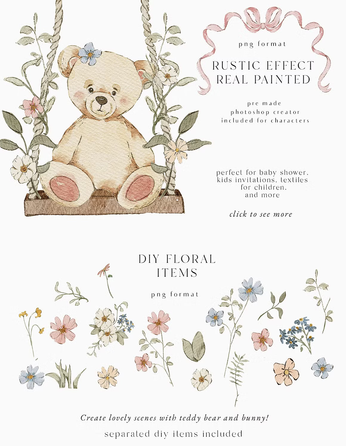 Teddy Bear & Bunny Watercolor spring illustrations