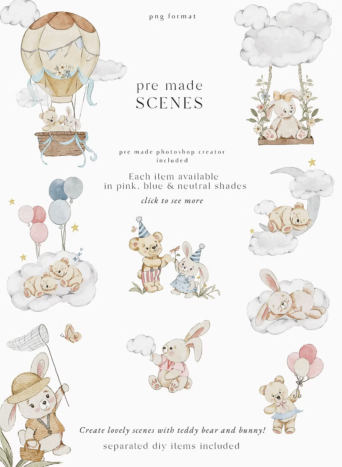 Teddy Bear & Bunny Watercolor spring illustrations