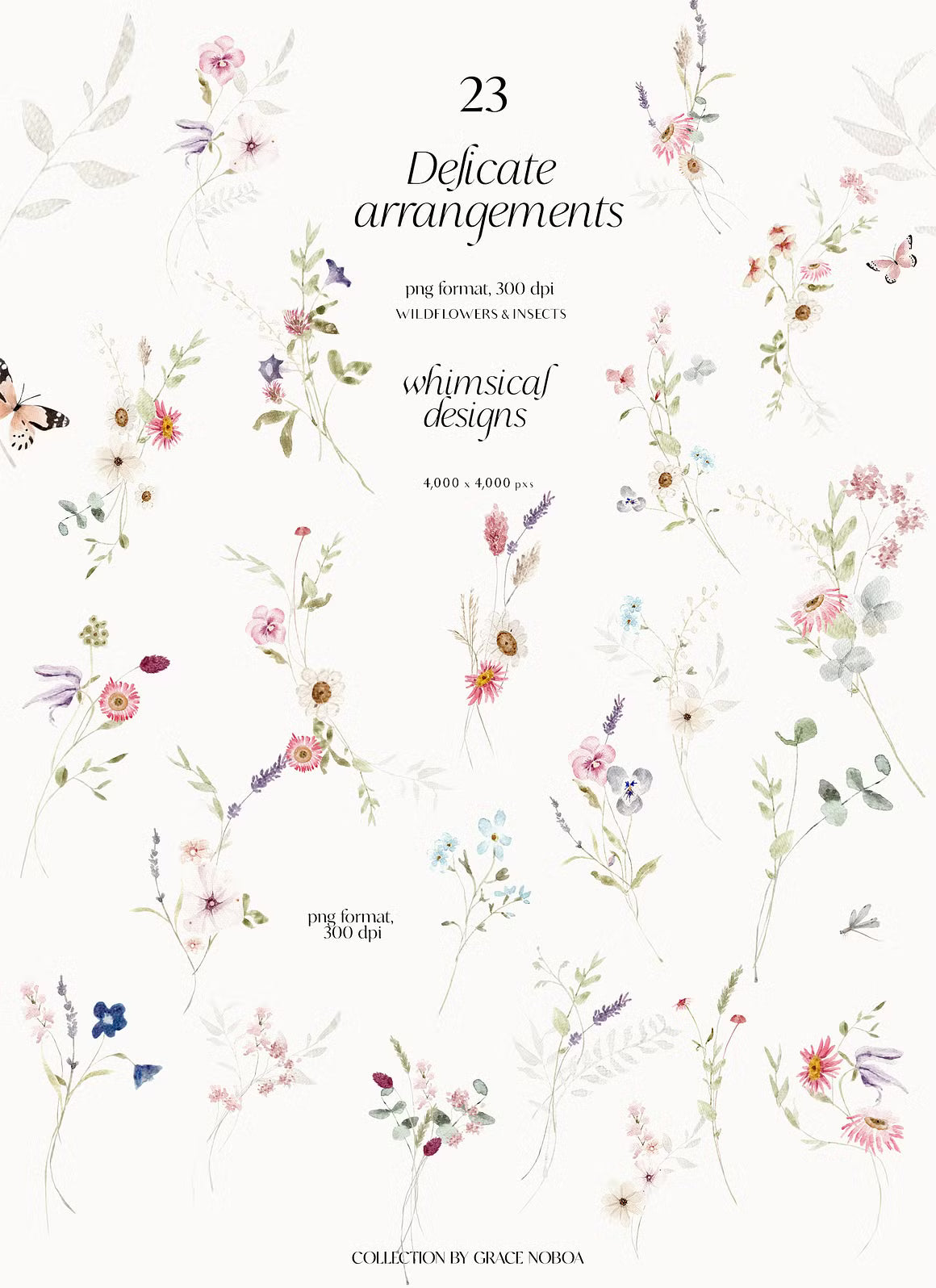 Watercolor wildflowers & Bunnies Set