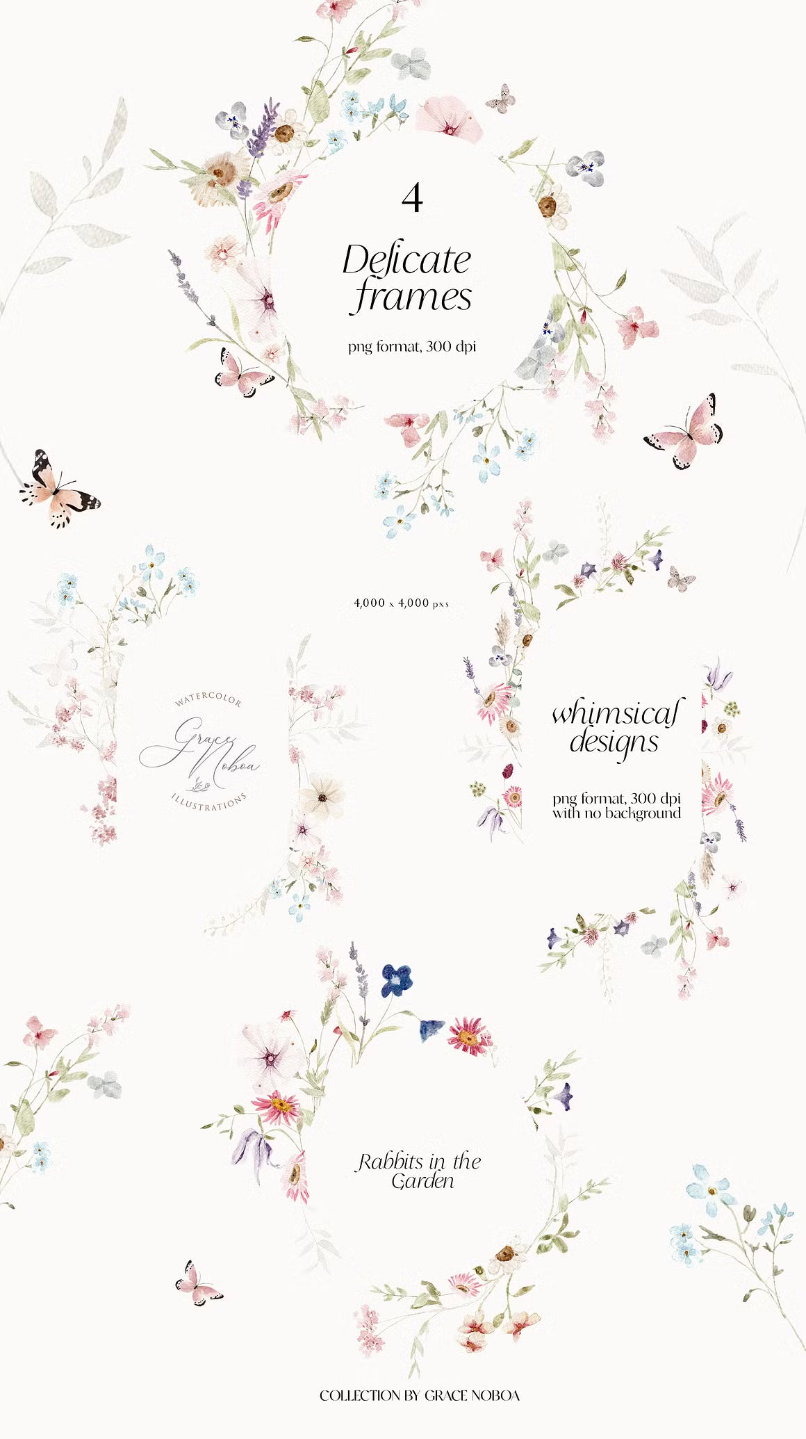 Watercolor wildflowers & Bunnies Set