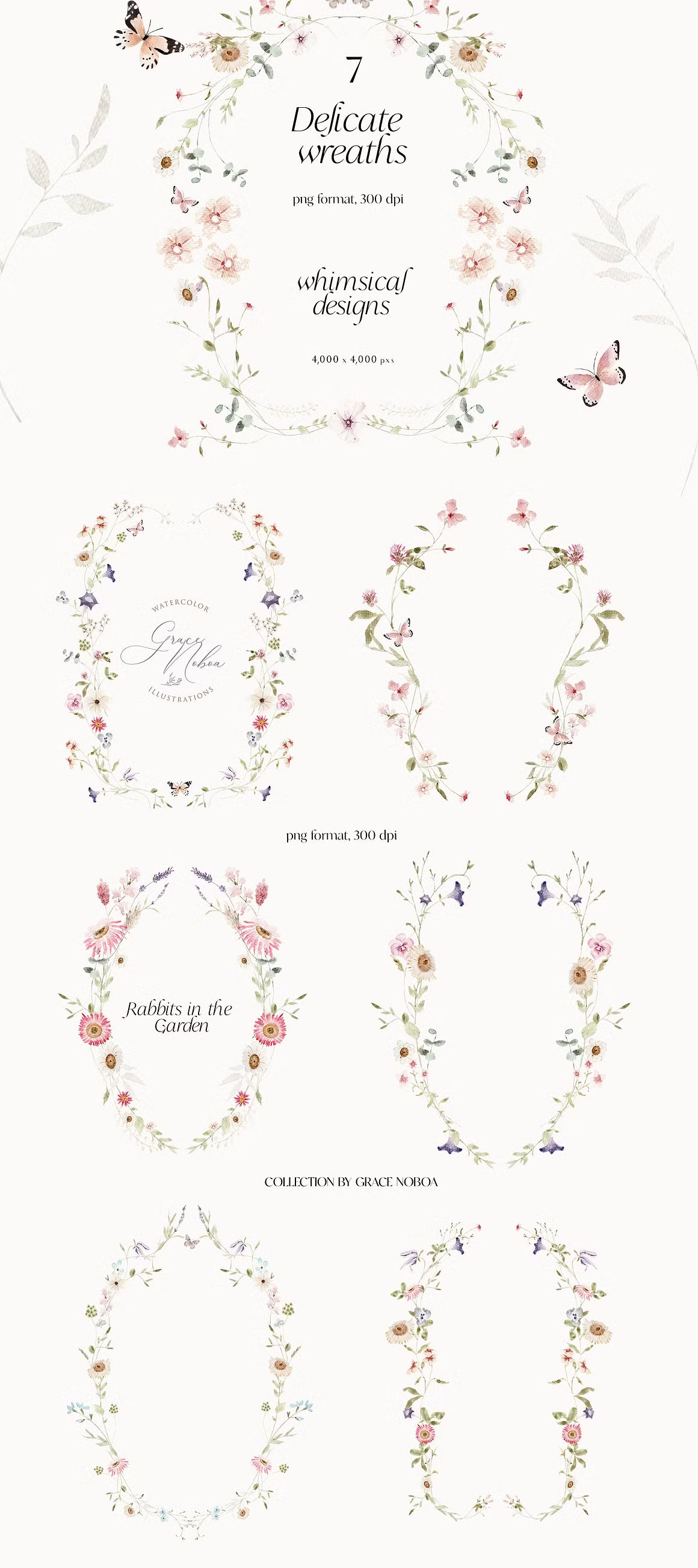 Watercolor wildflowers & Bunnies Set