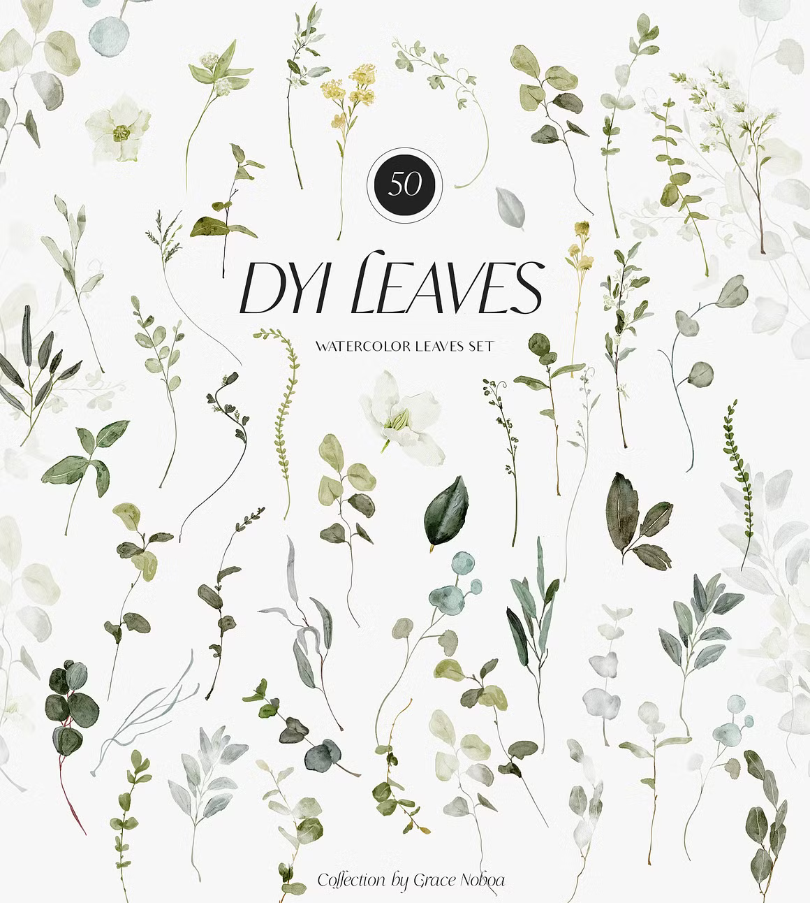 Greenery foliage & gold Leaves watercolor clipart