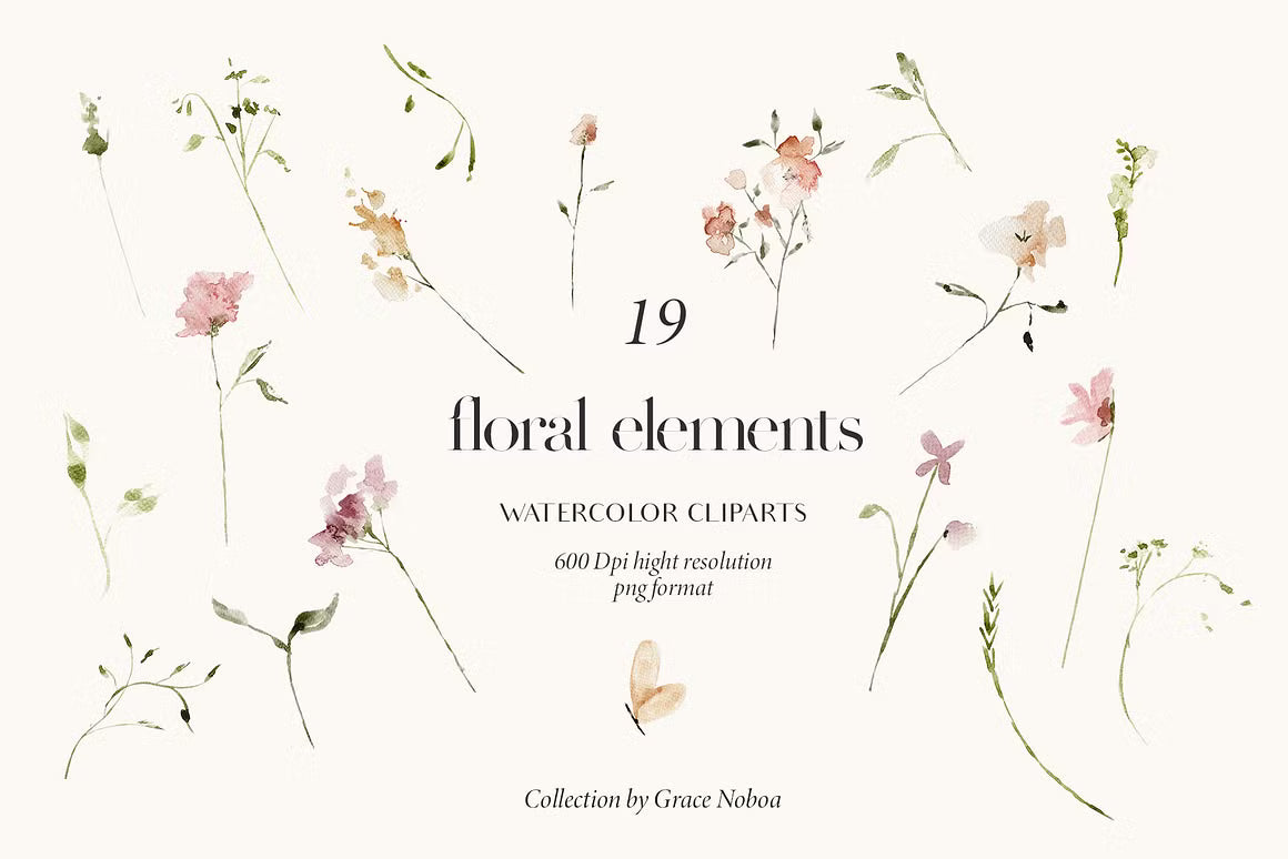 Subtle delicate peach & pink flowers watercolor clipart