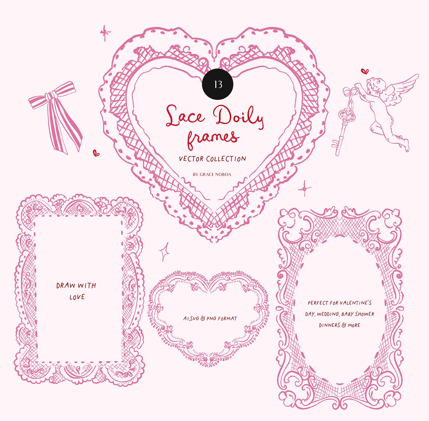 Valentine's day Cherups vintage angel babies, Pink galentines vector illustrations