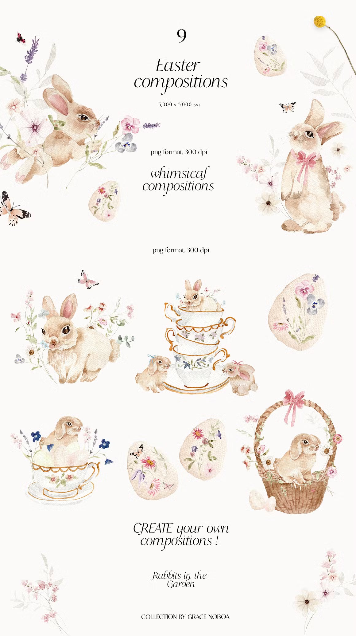 Watercolor wildflowers & Bunnies Set